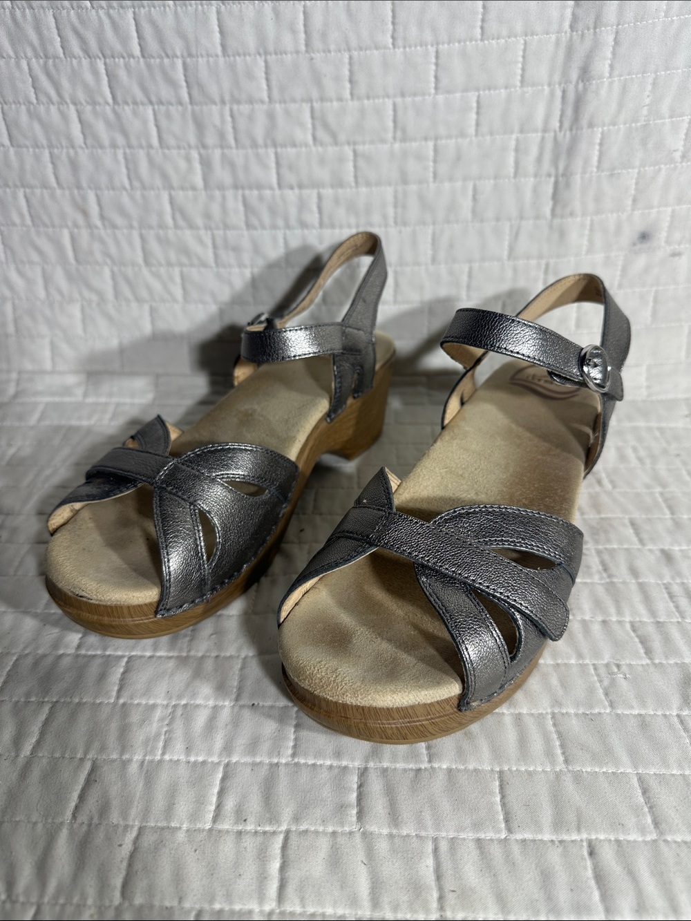 Dansko Metallic Gray Leather Open-Toe Ankle Strap Sandals